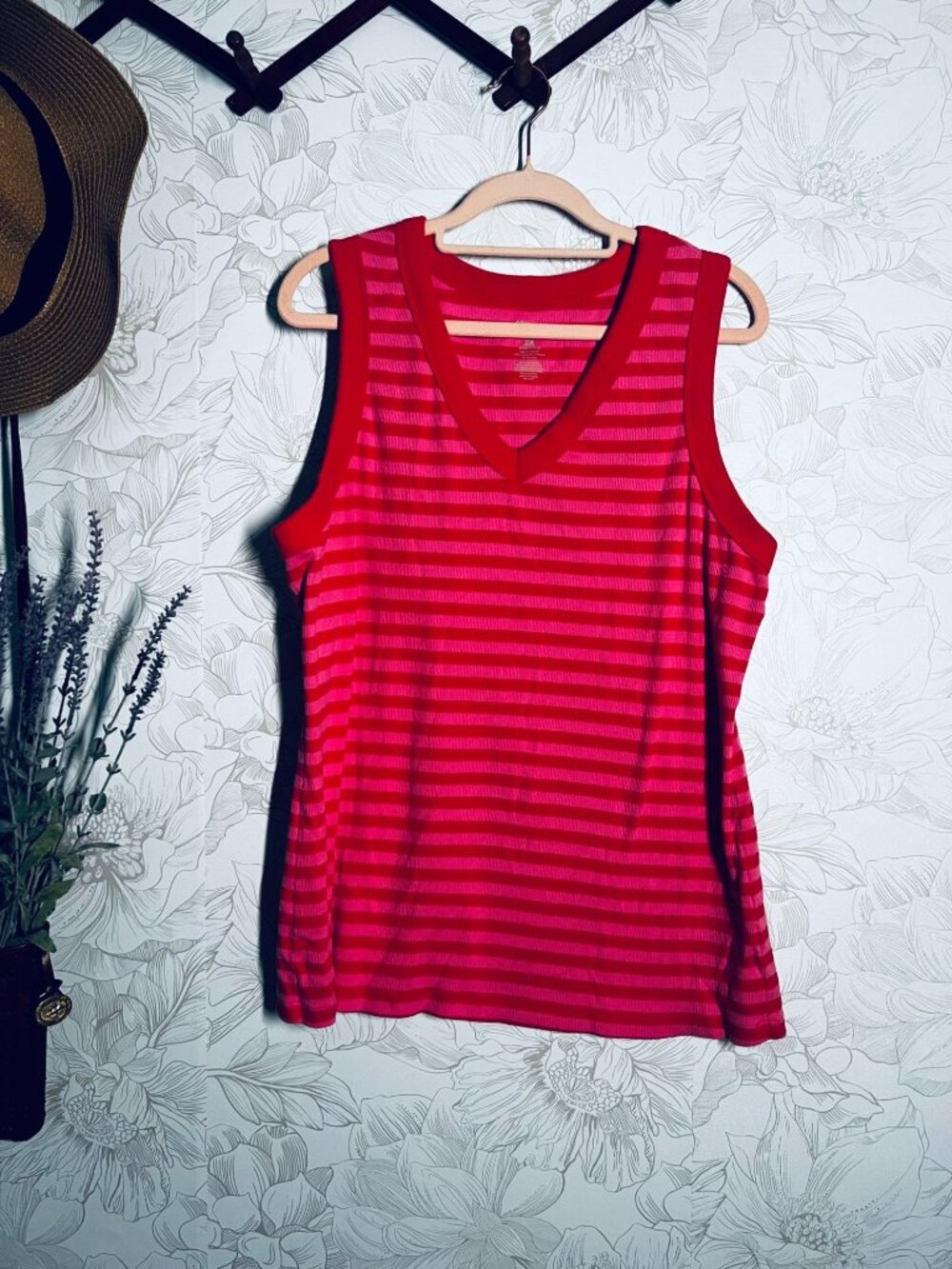 Striped Womens Plus Size Sleeveless Top By Sonoma 2X Red & Pink Cotton v-neck